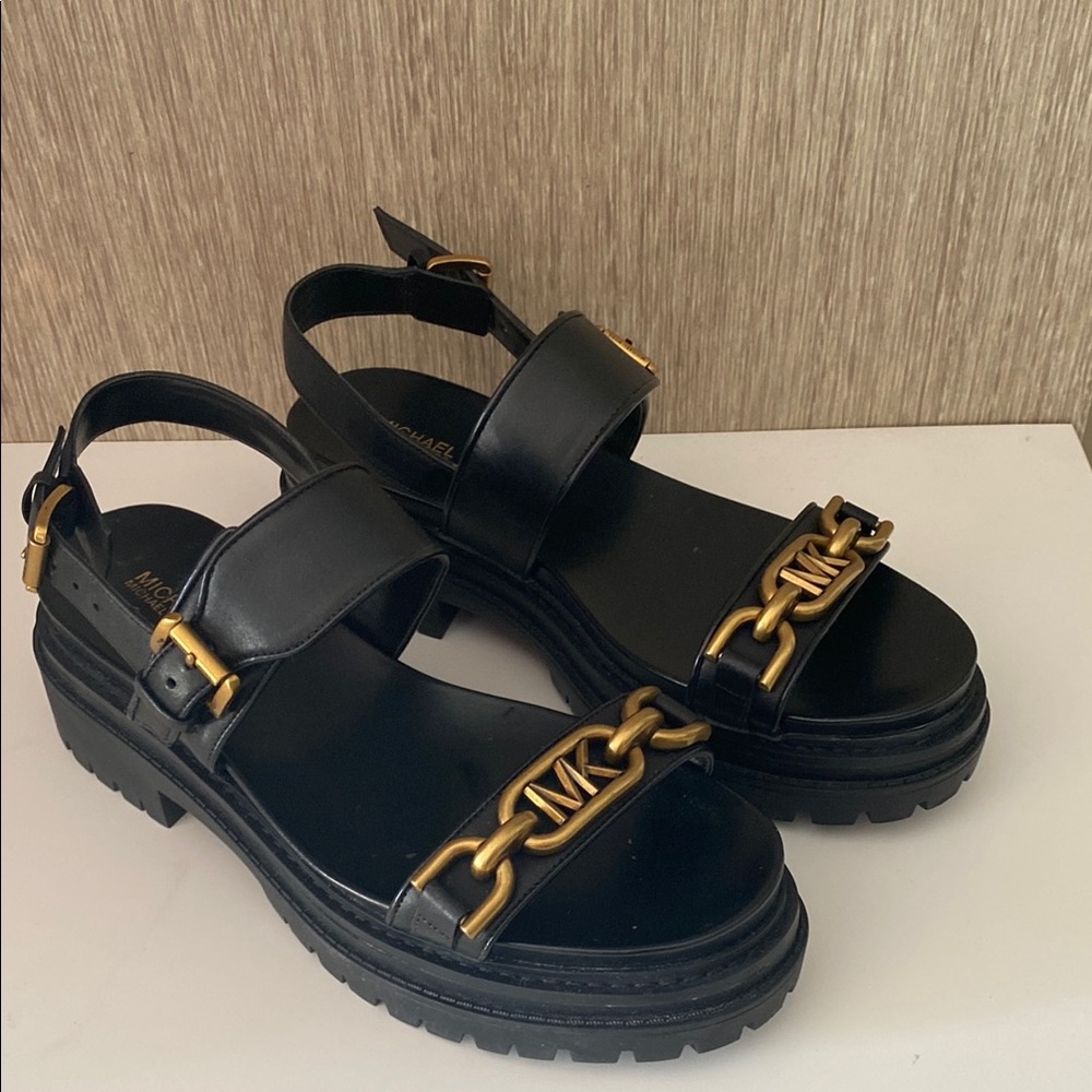 Michael Kors Black Sandals with Gold Accents